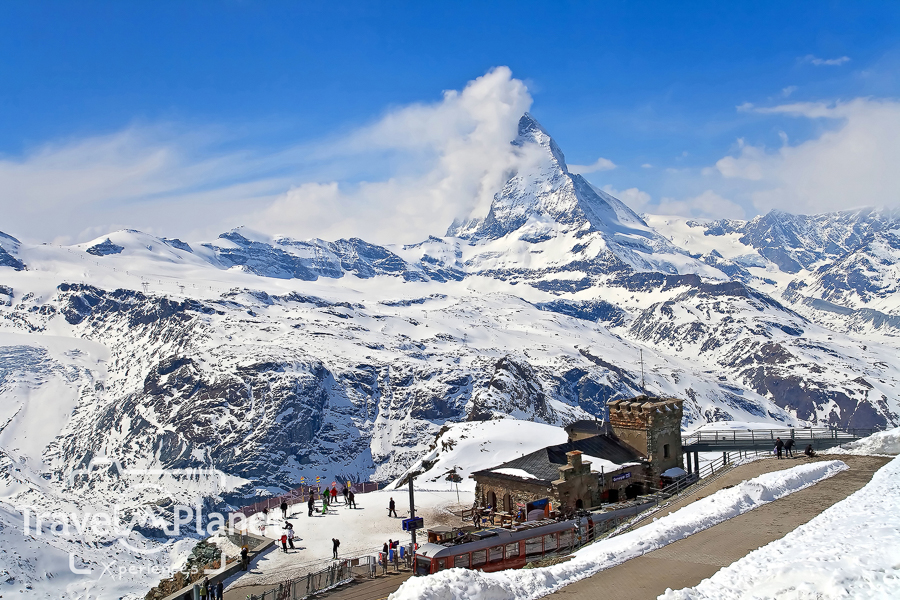 Landscape of Gornergrat Train Station and Matterhorn peak, logo